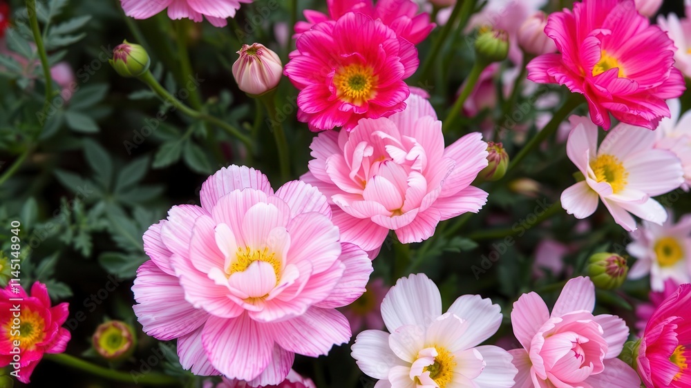 Close up of delicate pink and white ranunculus flowers in bloom, garden, close up, white Close up of delicate pink and white ranunculus flowers in bloom, garden, close up, white