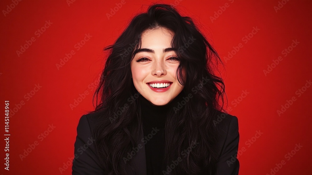 Striking portrait of a smiling woman with vibrant black hair and a bold red background radiating energy individuality and modern charisma Striking portrait of a smiling woman with vibrant black hair and a bold red background radiating energy individuality and modern charisma