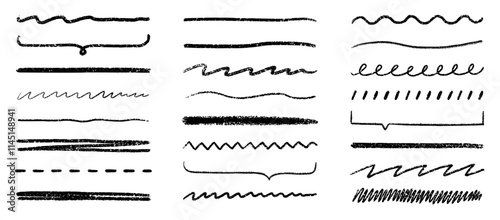 Chalk lines, charcoal highlight strokes doodle set. Pencil underlines, kids crayon strips, brush line in sketch style. Grunge texture. Hand drawn vector illustration isolated on white background