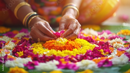 Woman's hands arranging vibrant flower petals into a colorful mandala on a green leaf.