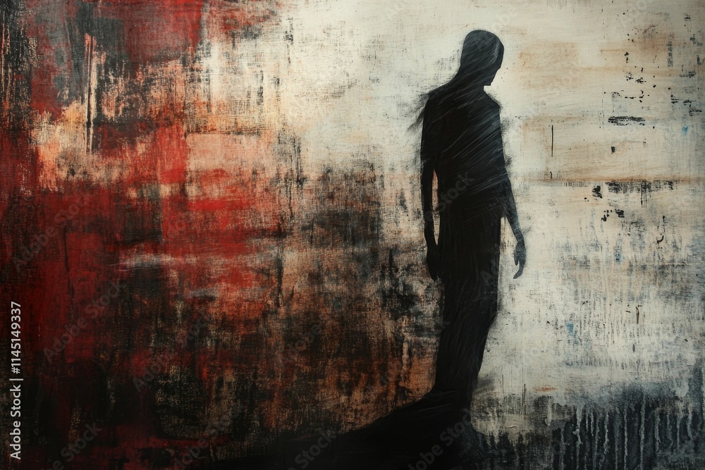 Obraz premium Dark figure stands against textured, red-toned background.