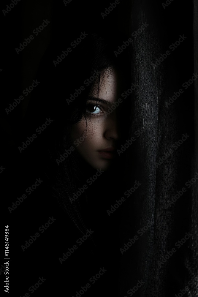 Dark-haired woman's face partially hidden, peering from behind fabric. Dark-haired woman's face partially hidden, peering from behind fabric.