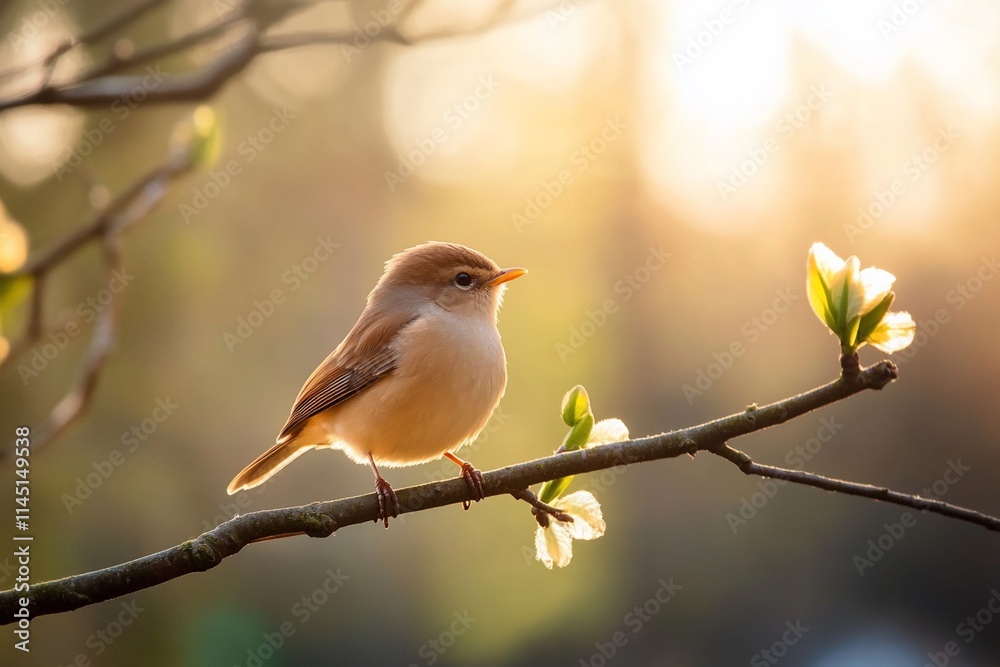 A serene bird perched on a branch with soft sunlight and blossoms. A serene bird perched on a branch with soft sunlight and blossoms.