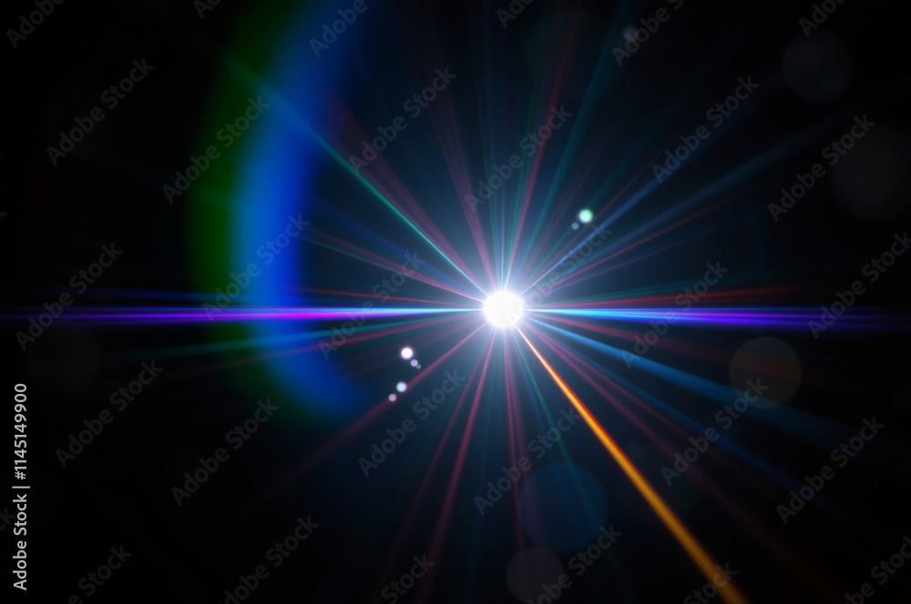Dynamic Light Burst with Colorful Lens Flare Effects on a Dark Background Dynamic Light Burst with Colorful Lens Flare Effects on a Dark Background