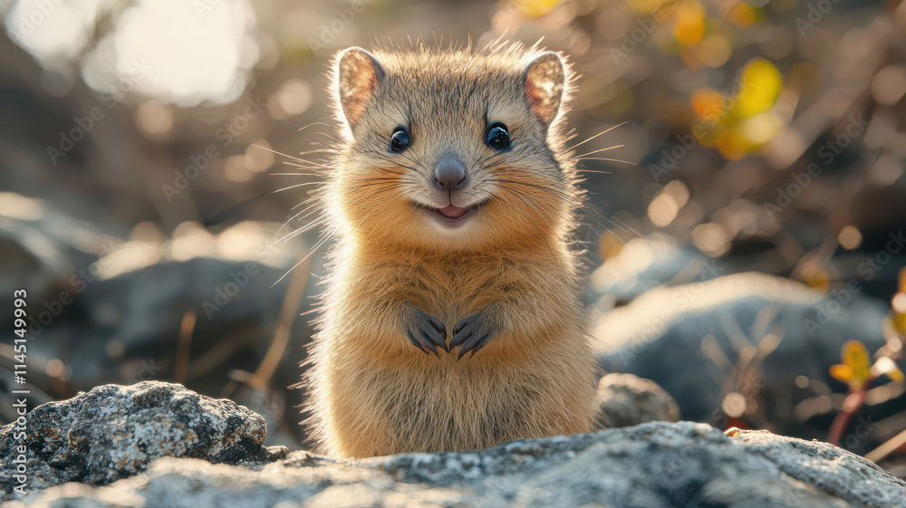 A cute baby quokka with a wide, happy grin standing on a rocky outcrop under the sun, A cute baby quokka with a wide, happy grin standing on a rocky outcrop under the sun,