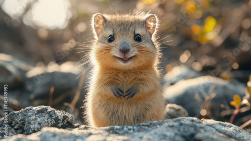 A cute baby quokka with a wide, happy grin standing on a rocky outcrop under the sun, photo