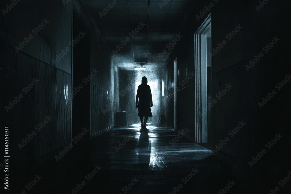 Silhouette walks dimly lit hallway; ominous atmosphere. Silhouette walks dimly lit hallway; ominous atmosphere.