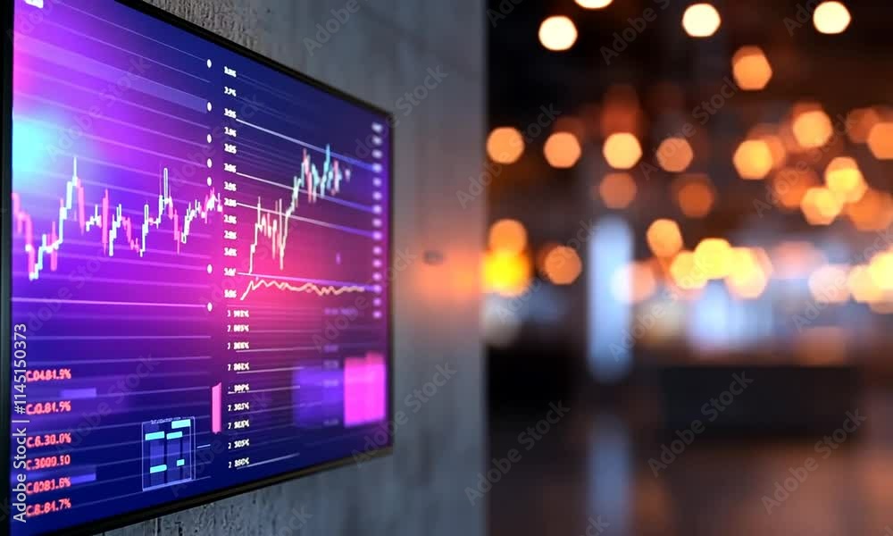 Stock market data on tv screen in hall. Stock market data on tv screen in hall.