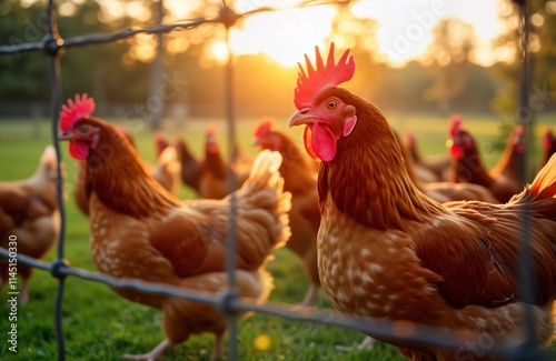 Group of Rhode Island Red chickens relax in coop at sunrise. Hens, rooster in rural farm setting. Peaceful morning scene in grassy field. Chickens free range. Domestic farm animals. Sunrise light