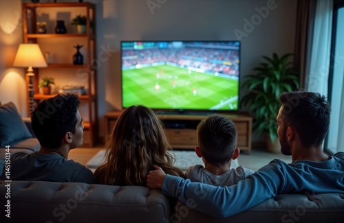 Group of friends watch football match on TV in apartment at night. Enjoying game together on sofa. Family leisure activity. Excited for live soccer game. Cheerful, happy mood. Celebration atmosphere. photo