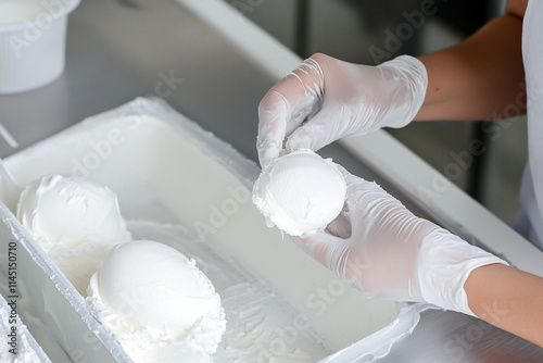 a woman quality checking ice cream texture, wearing professional food safety equipment photo