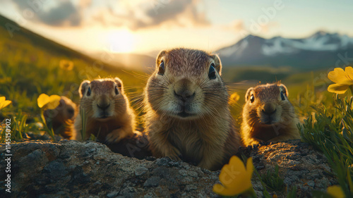 A family of prairie dogs peeking out from their burrows in a sunlit grassland, their curious faces framed by the tall green grass. The distant mountains are shrouded in haze.
