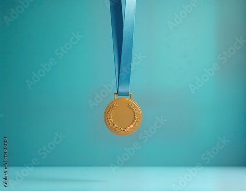 Gold medal hangs on blue ribbon against light teal background. Victory theme. Achievement. Success. Competition. Winner. First place. Award. Honor. Prestigious. Excellence. Champion. Best accolade.