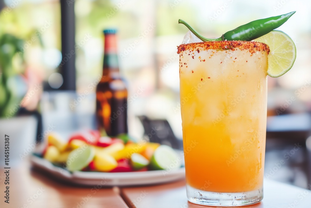 refreshing michelada in a tall glass with a spicy tajín rim, garnished with a whole serrano pepper and lime wedge, served with a beer bottle in the background refreshing michelada in a tall glass with a spicy tajín rim, garnished with a whole serrano pepper and lime wedge, served with a beer bottle in the background