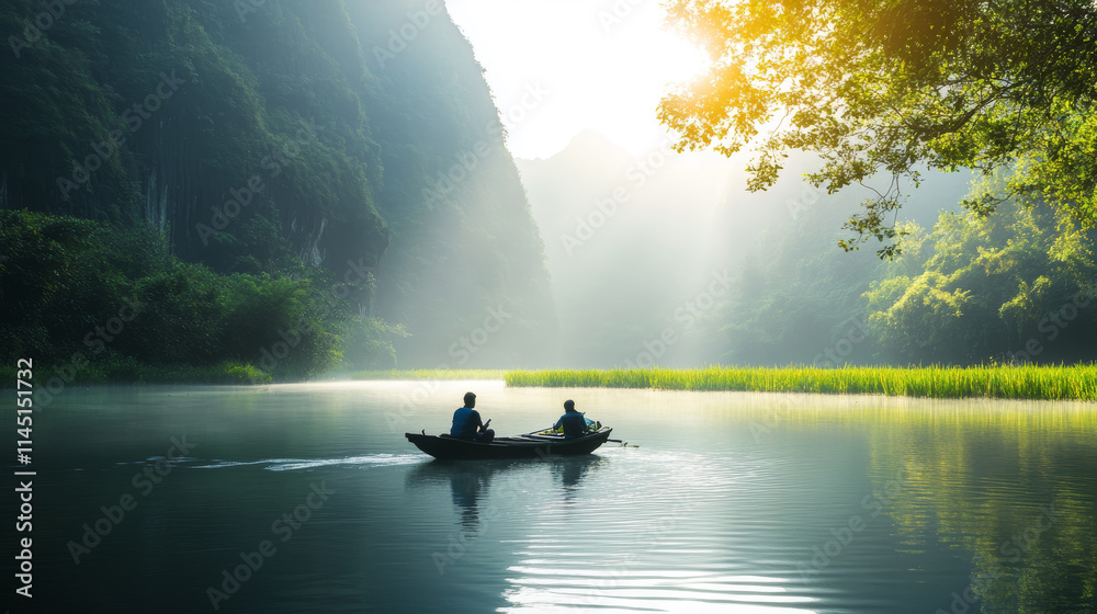 Enjoying a serene boat ride on a tranquil river surrounded by lush mountains at sunrise Enjoying a serene boat ride on a tranquil river surrounded by lush mountains at sunrise