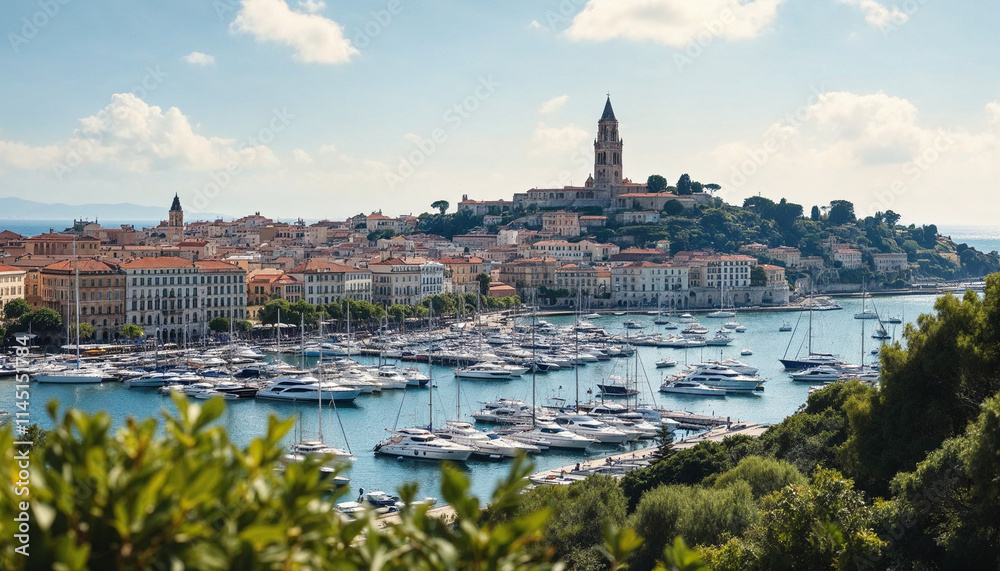 Obraz premium Scenic view of a coastal town with yachts in the harbor surrounded by historical architecture and lush hills