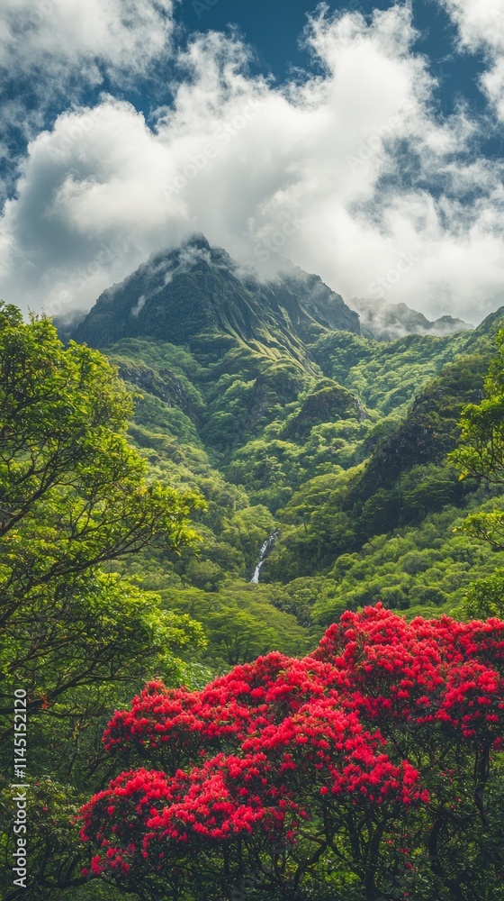 Lush mountain landscape with vibrant red flowers and cascading waterfall. Lush mountain landscape with vibrant red flowers and cascading waterfall.