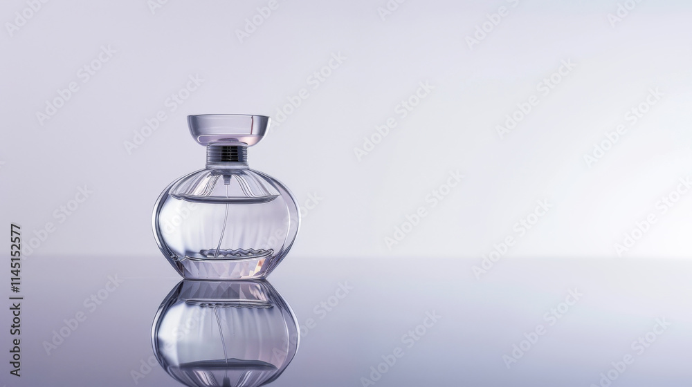 Elegant glass perfume bottle with reflection on a light background Elegant glass perfume bottle with reflection on a light background