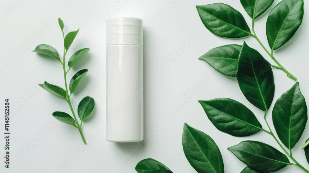 White cosmetic bottle with green leaves on white background White cosmetic bottle with green leaves on white background
