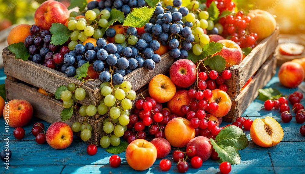 Freshly picked fruits in a wooden crate on a vibrant blue surface during a sunny afternoon Freshly picked fruits in a wooden crate on a vibrant blue surface during a sunny afternoon