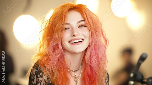 Woman with wavy red-orange hair smiling under warm salon lighting surrounded by haircare products radiating creativity and bold individuality in a dynamic beauty setting