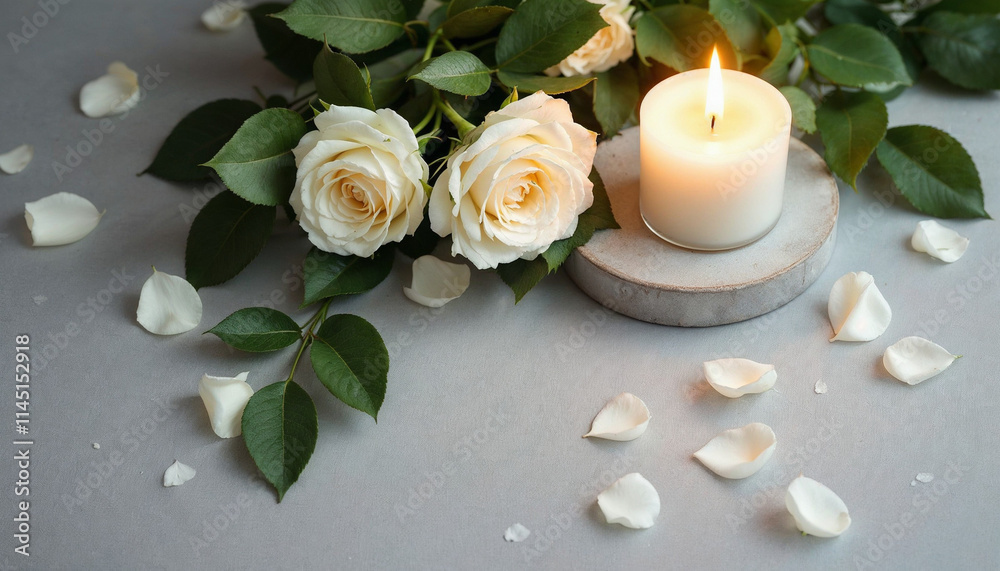 White roses, candle, and petals create a serene and romantic atmosphere for a peaceful evening setting White roses, candle, and petals create a serene and romantic atmosphere for a peaceful evening setting