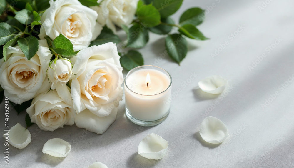 Delicate white roses and a candle create a serene atmosphere for relaxation and reflection Delicate white roses and a candle create a serene atmosphere for relaxation and reflection