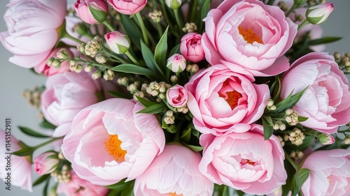 Fototapeta Naklejka Na Ścianę i Meble -  Fresh bunch of pink peonies and roses on white background with space for text, nature, delicate, flowers