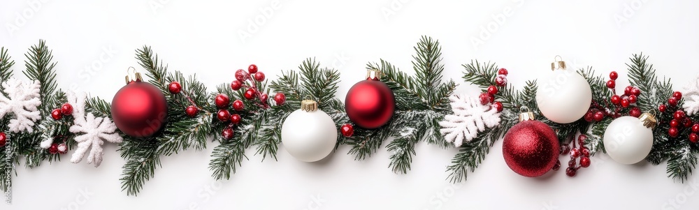 Christmas garland with red and white ornaments, isolated on a white background. Christmas garland with red and white ornaments, isolated on a white background.