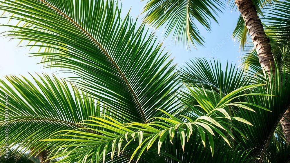 Lush and vibrant tropical palm leaves against a clear blue sky, vibrant, jungle