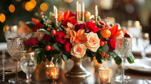 A sparkling table centerpiece featuring menorah, dreidels, and flowers Hanukkah, centerpiece, festive table decor photo