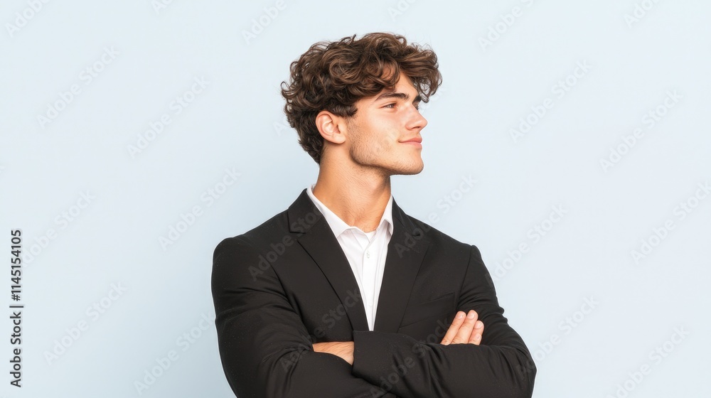Confident young man in suit, profile view, arms crossed. Confident young man in suit, profile view, arms crossed.