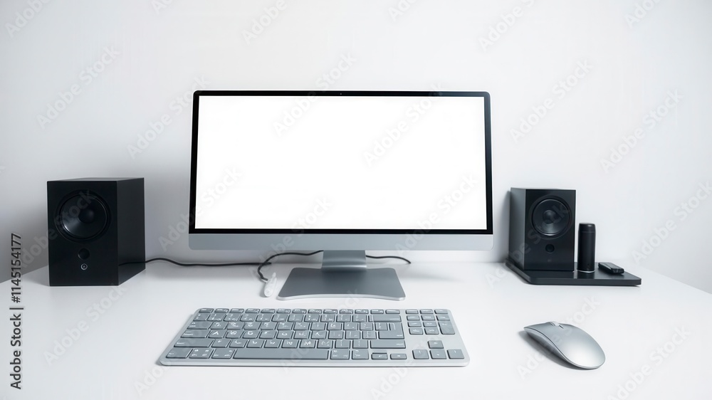 Modern computer with sleek design and clean lines on a white background, keyboard, mouse, minimalistic Modern computer with sleek design and clean lines on a white background, keyboard, mouse, minimalistic
