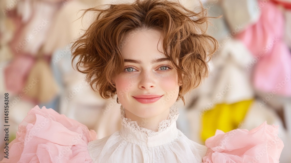 Playful young woman with loose brown curls in a flowing blouse standing in front of a softly blurred urban background showcasing modern fashion trends and vibrant energy Playful young woman with loose brown curls in a flowing blouse standing in front of a softly blurred urban background showcasing modern fashion trends and vibrant energy