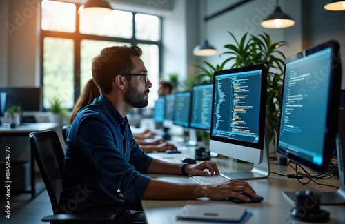 Focused developers code on computers in modern office environment. Team collaboration, innovation key in tech startup. Modern workspace fosters creativity, analytical skills. Specialists
