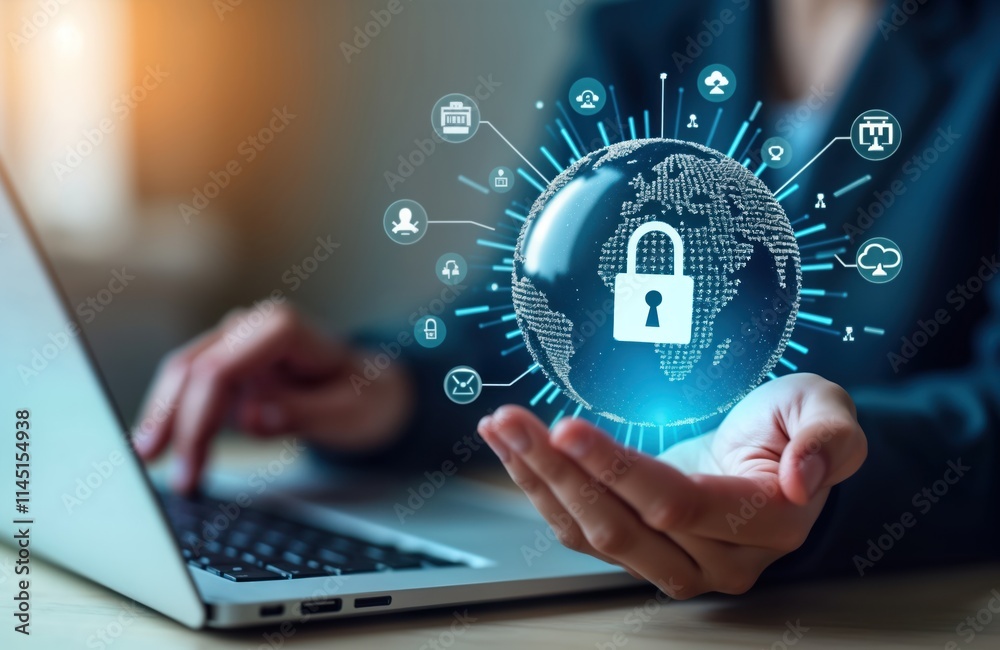 Person typing on laptop. Global security concept. Digital padlock on 3D sphere. Global network protection. Safe internet banking. Secure data. User access. Cybercrime prevention. Personal privacy. Person typing on laptop. Global security concept. Digital padlock on 3D sphere. Global network protection. Safe internet banking. Secure data. User access. Cybercrime prevention. Personal privacy.