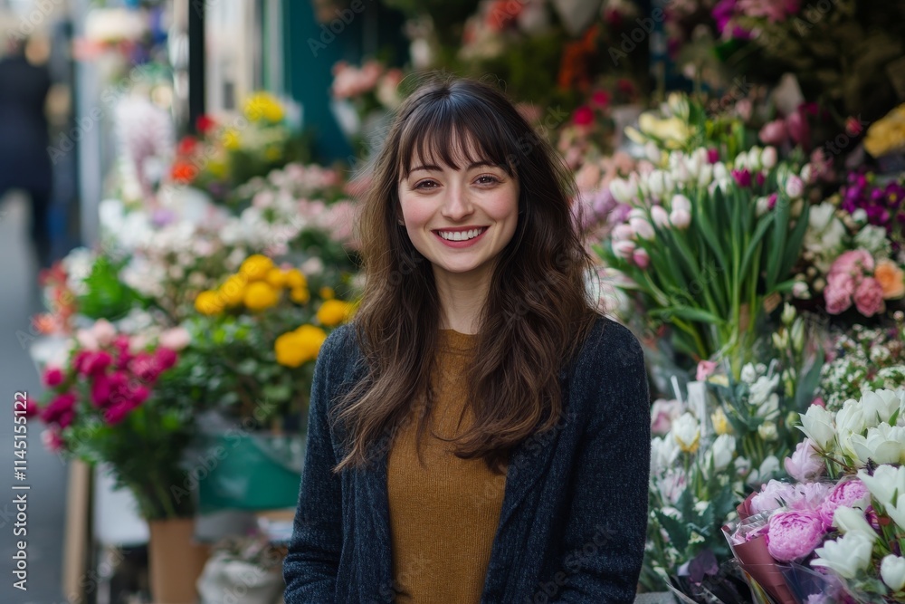 Smiling florist standing in front of a flower shop. Smiling florist standing in front of a flower shop.