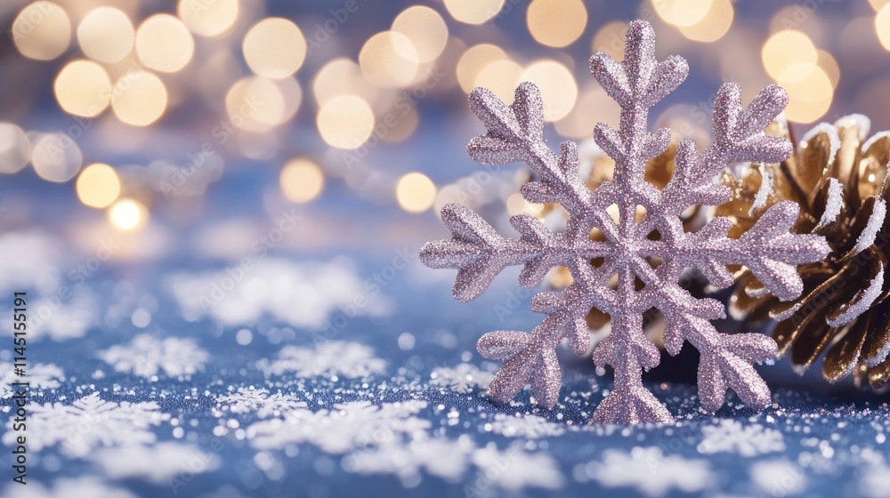 Festive snowflake and pine cone with bokeh lights. Festive snowflake and pine cone with bokeh lights.