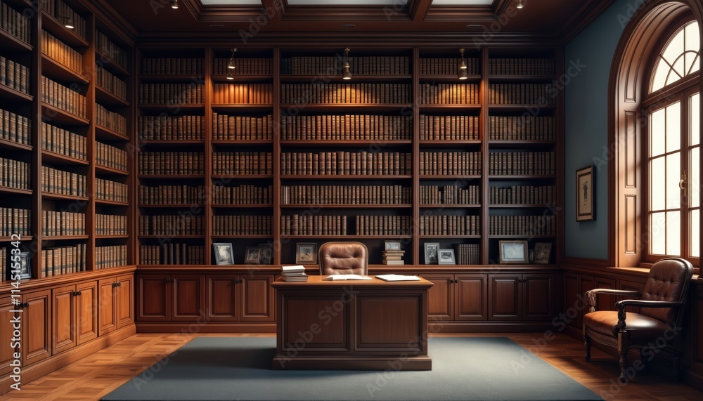 Classic law office library. Pro workspace with dark wooden bookshelves filled with legal documents. Desk, leather chair for study, research. Elegant, detailed design. Perfect for academic research Classic law office library. Pro workspace with dark wooden bookshelves filled with legal documents. Desk, leather chair for study, research. Elegant, detailed design. Perfect for academic research
