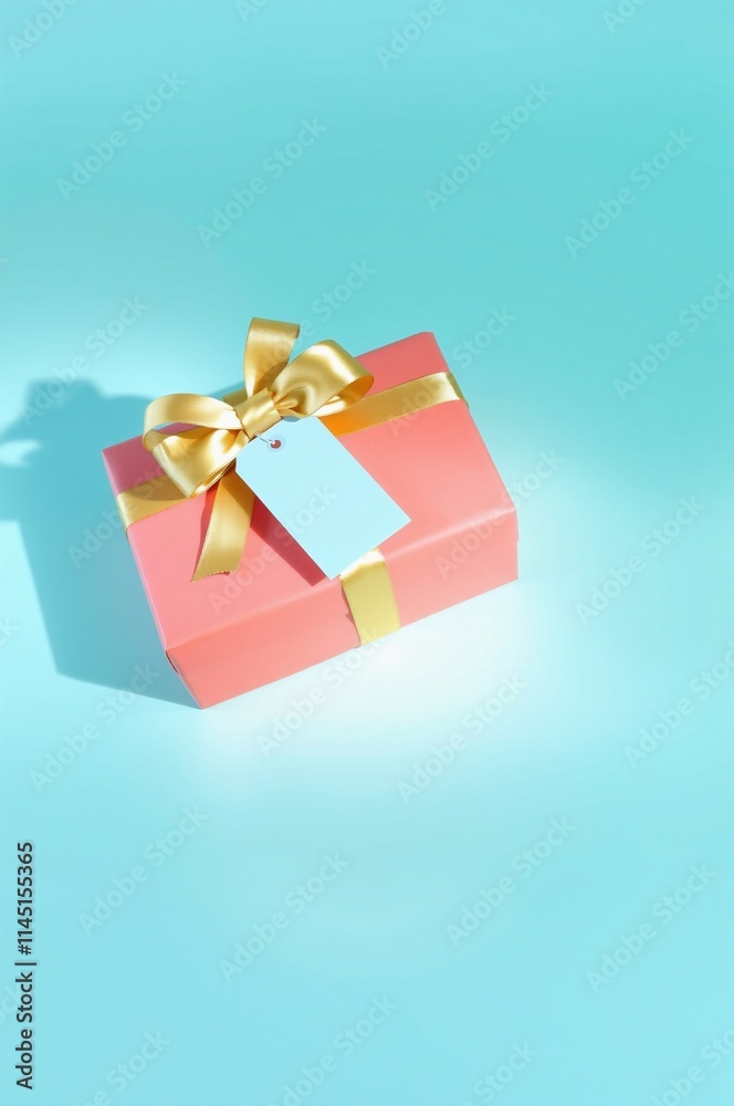 Beautifully Wrapped Gift Box with Gold Ribbon on Turquoise Background Beautifully Wrapped Gift Box with Gold Ribbon on Turquoise Background