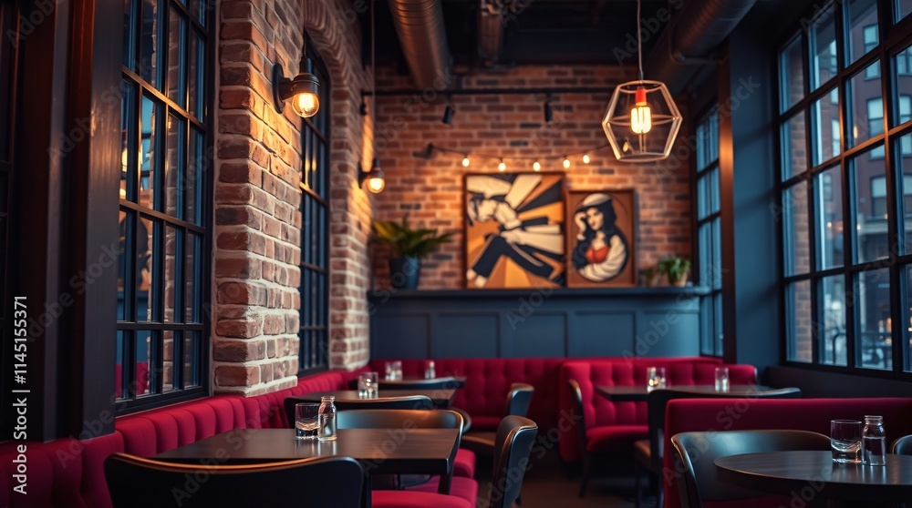 Naklejka premium Industrial Interior Café Close-Up with Exposed Brick Walls and Deep Blue and Burgundy Hues.