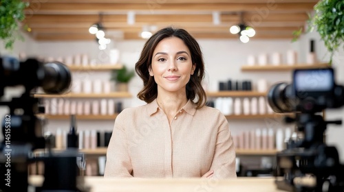 Professional woman seated in front of a camera setup expressing confidence and expertise in a creative workspace environment with natural light