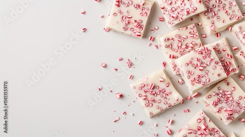 Peppermint Bark Pieces on White Background, Christmas Candy, Holiday Treat, Food Photography, Copy Space


