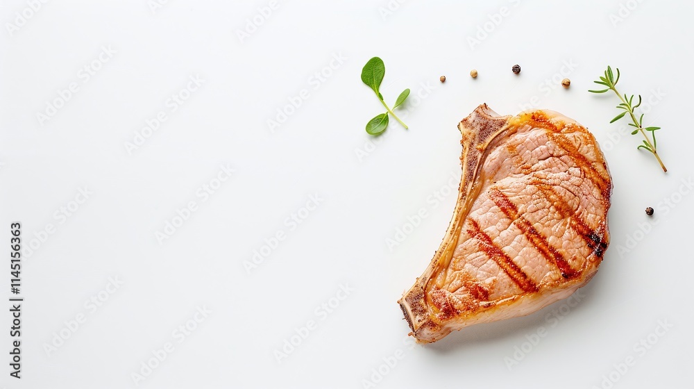 Grilled Pork Chop on White Background, Cooked Meat, Food Photography, Copy Space, Herbs and Spices

