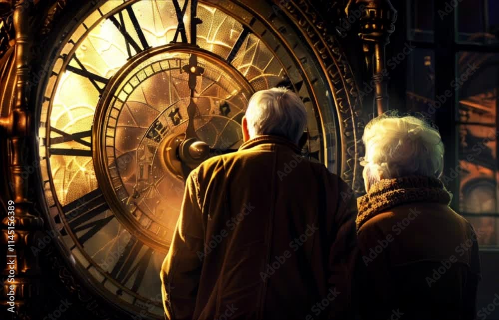 Elderly couple looking at huge clock. Two old people and their time slipping away. Concept of life passing