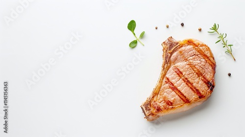 Grilled Pork Chop on White Background, Cooked Meat, Food Photography, Copy Space, Herbs and Spices

