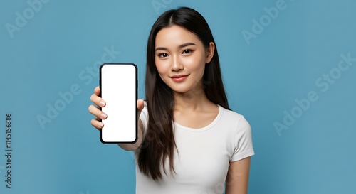 Mockup image of a beautiful woman woman holding and showing smartphone or mobile phone with blank white screen 