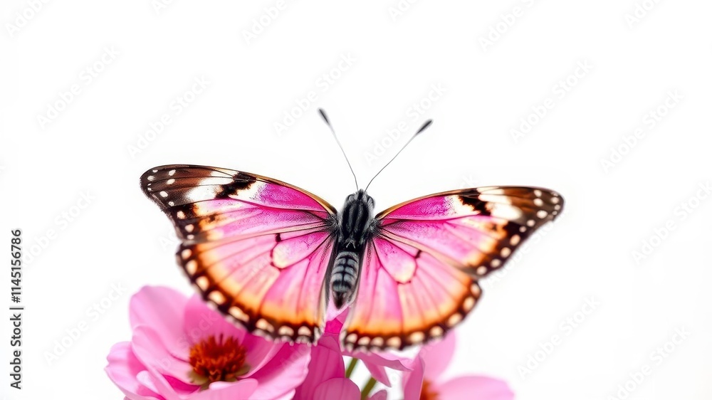 Naklejka premium Pink butterfly with intricate wing patterns resting on a clean white background, elegant, butterfly, beauty