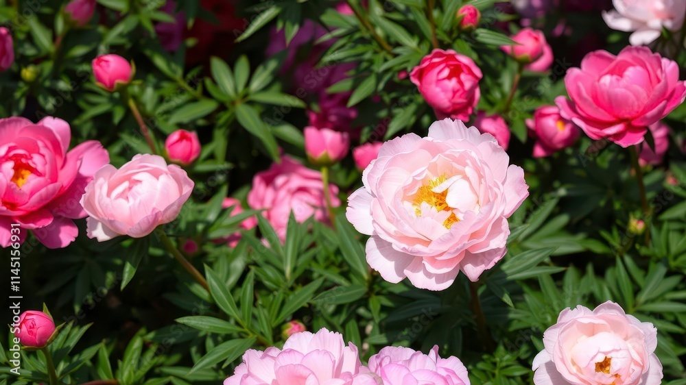 Pink peony flowers in full bloom, creating a lush and vibrant background, blooming, garden, spring Pink peony flowers in full bloom, creating a lush and vibrant background, blooming, garden, spring