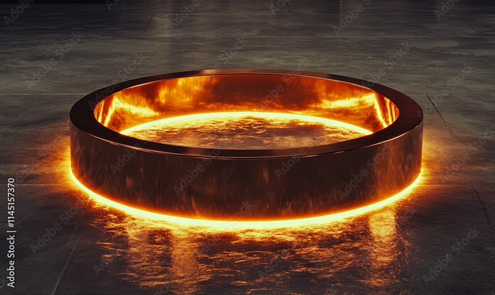 Glowing circular metal ring on dark surface. Glowing circular metal ring on dark surface.